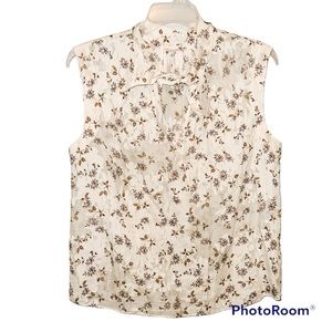 Rebecca Taylor Fleur Floral Print Tie Neck Sheer Sleeveless Blouse